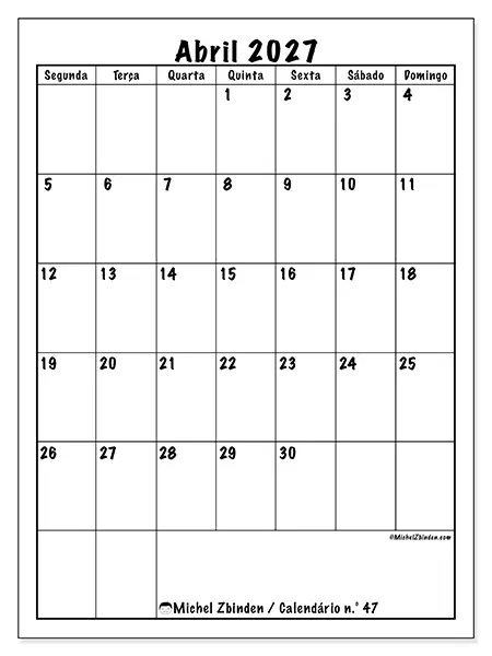 Calendário de abril de 2027 para imprimir - Planeamento eficiente