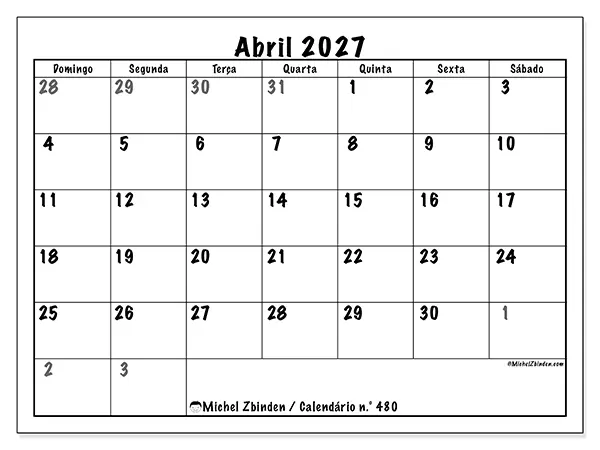 Calendário de abril de 2027 para imprimir - Planeamento completo - Semana de domingo a sábado