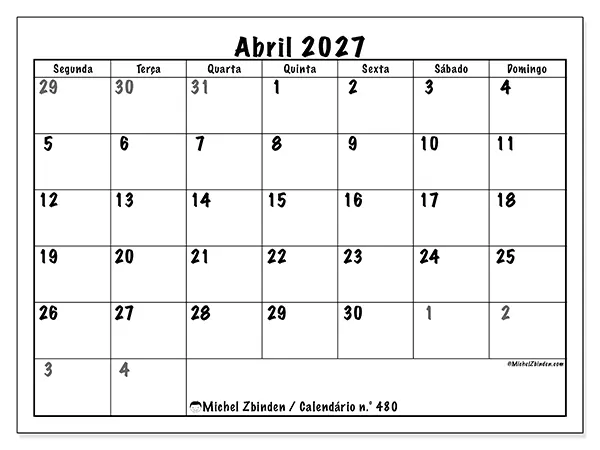 Calendário de abril de 2027 para imprimir - Planeamento completo