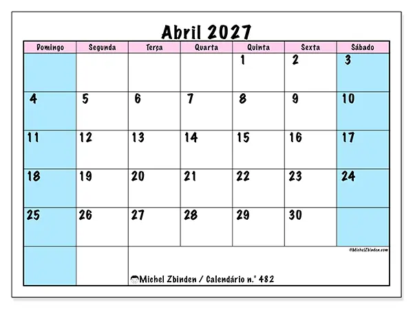 Calendário de abril de 2027 para imprimir - Horário de equipa - Semana de domingo a sábado