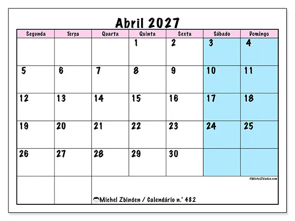 Calendário de abril de 2027 para imprimir - Horário de equipa