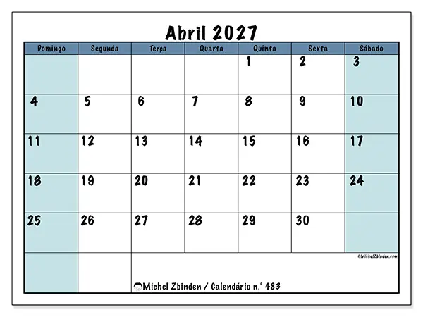 Calendário de abril de 2027 para imprimir - Estrutura para a escola - Semana de domingo a sábado