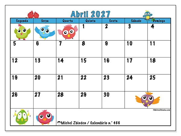 Calendário de abril de 2027 para imprimir - Pássaros divertidos