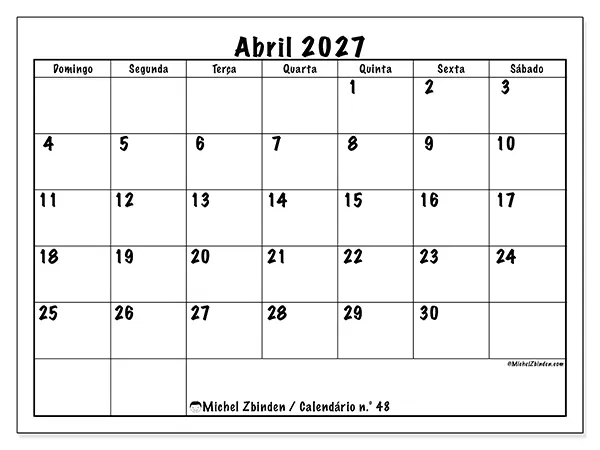 Calendário de abril de 2027 para imprimir - Eficiência diária - Semana de domingo a sábado