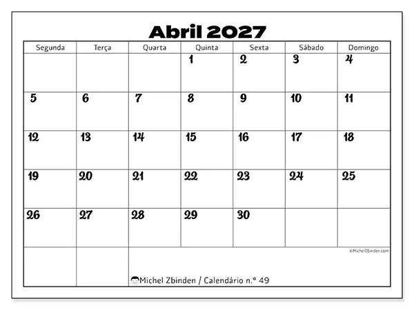 Calendário de abril de 2027 para imprimir - Coordenação produtiva