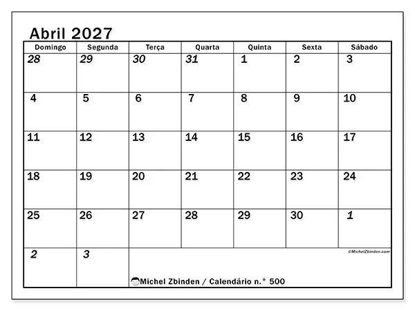 Calendário de abril de 2027 para imprimir - Planeamento intensivo - Semana de domingo a sábado