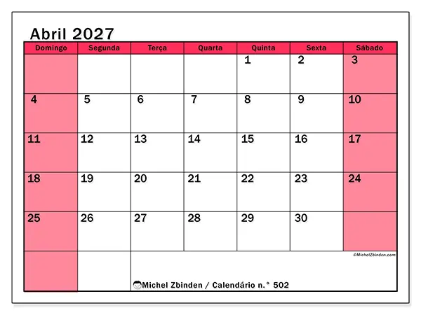 Calendário de abril de 2027 para imprimir - Gestão luminosa - Semana de domingo a sábado