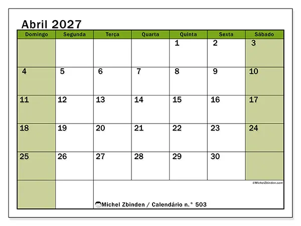 Calendário de abril de 2027 para imprimir - Organização viva - Semana de domingo a sábado
