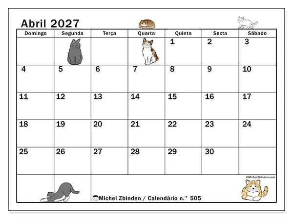Calendário de abril de 2027 para imprimir - Vida de gato - Semana de domingo a sábado