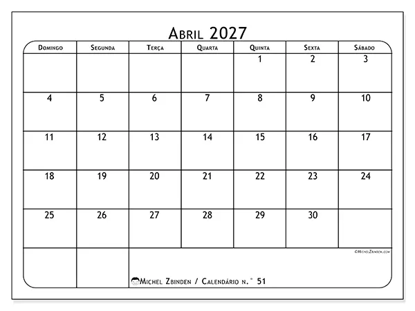 Calendário de abril de 2027 para imprimir - Planeador de refeições - Semana de domingo a sábado