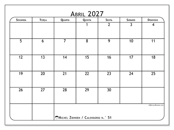 Calendário de abril de 2027 para imprimir - Planeador de refeições