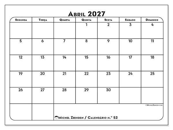 Calendário de abril de 2027 para imprimir - Organização profissional