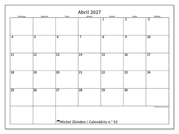 Calendário de abril de 2027 para imprimir - Horário eficiente - Semana de domingo a sábado