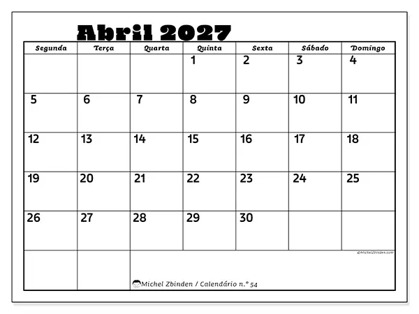 Calendário de abril de 2027 para imprimir - Atividades em família