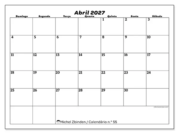 Calendário de abril de 2027 para imprimir - Organização do lazer - Semana de domingo a sábado