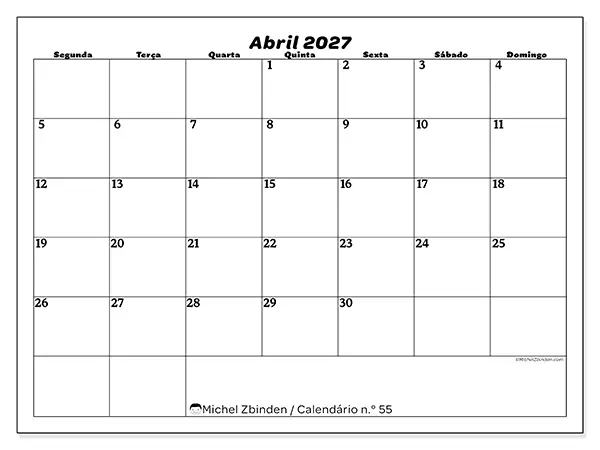 Calendário de abril de 2027 para imprimir - Organização do lazer