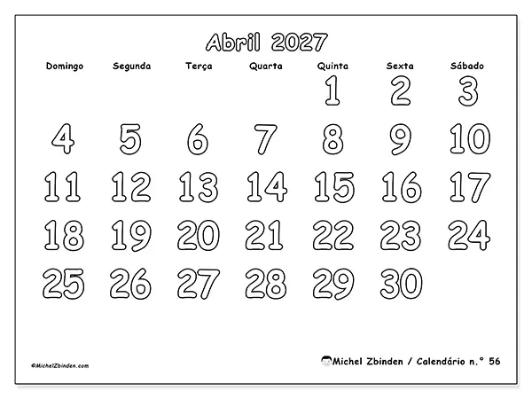 Calendário de abril de 2027 para imprimir - Colorir útil - Semana de domingo a sábado