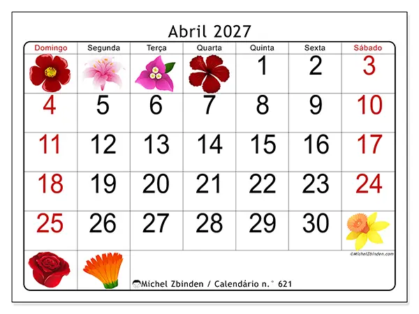 Calendário de abril de 2027 para imprimir - Flores grandes - Semana de domingo a sábado