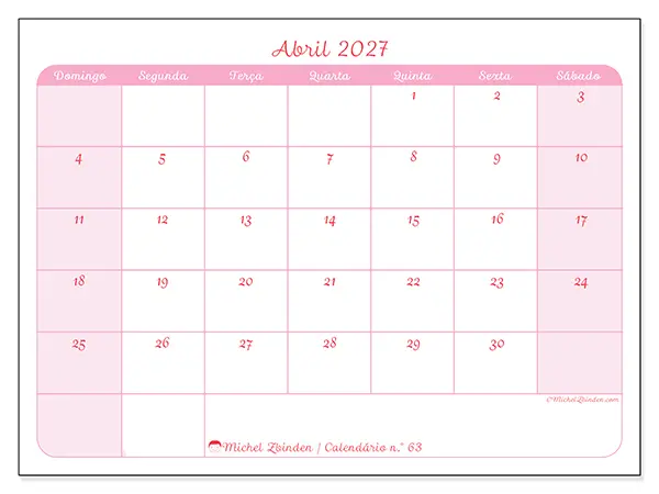 Calendário de abril de 2027 para imprimir - Organização suave - Semana de domingo a sábado