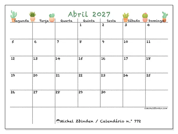 Calendário de abril de 2027 para imprimir - Cactos decorativos