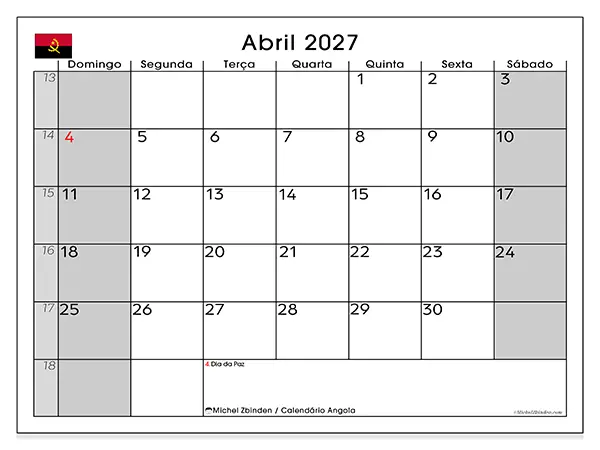 Calendário de abril de 2027 para imprimir - Angola