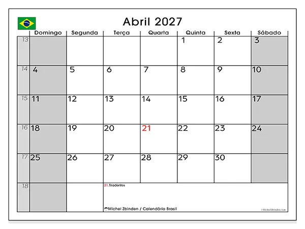 Calendário de abril de 2027 para imprimir - Brasil