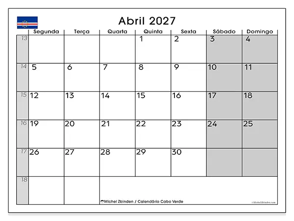 Calendário de abril de 2027 para imprimir - Cabo Verde
