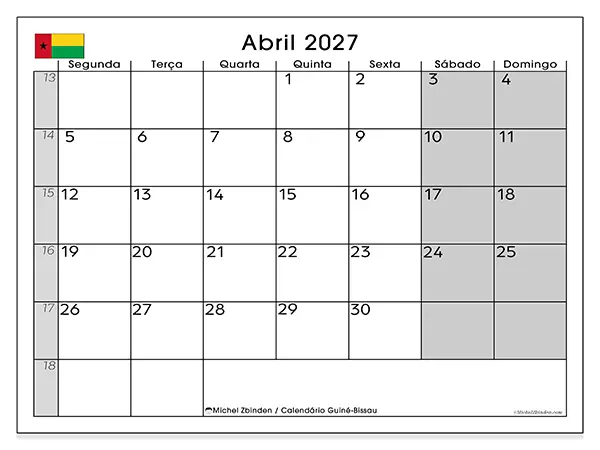 Calendário de abril de 2027 para imprimir - Guiné-Bissau