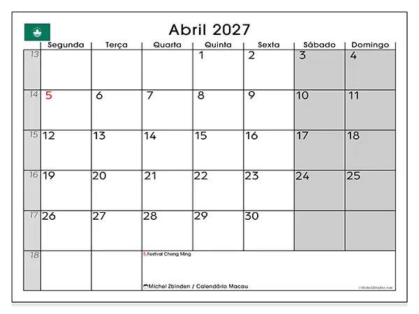 Calendário de abril de 2027 para imprimir - Macau