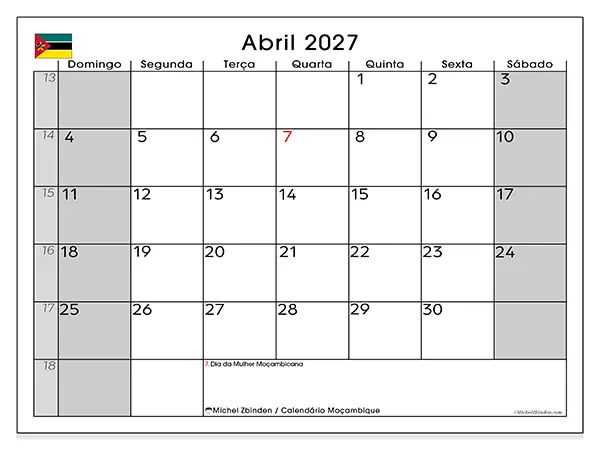 Calendário de abril de 2027 para imprimir - Moçambique