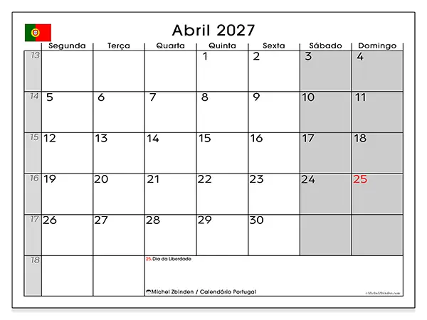 Calendário de abril de 2027 para imprimir - Portugal