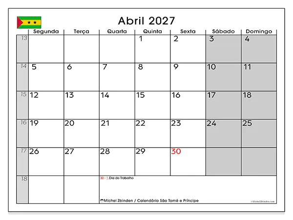 Calendário de abril de 2027 para imprimir - São Tomé e Príncipe