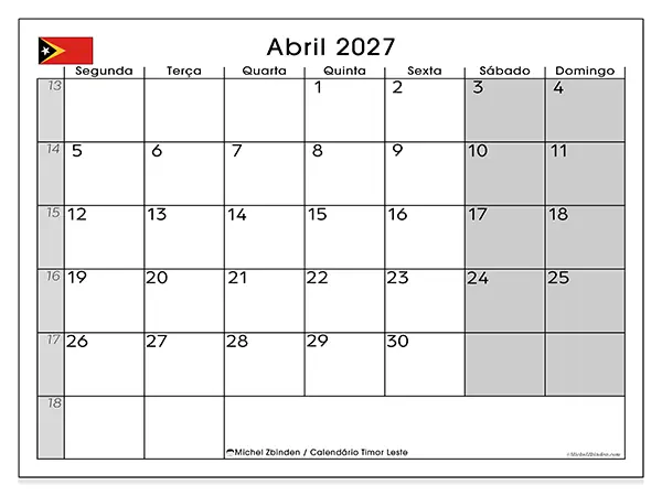 Calendário de abril de 2027 para imprimir - Timor Leste