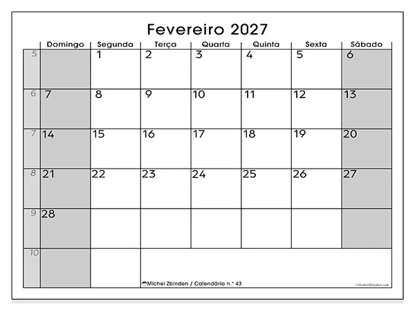 Calendário de fevereiro de 2027 para imprimir - Organização perfeita - Semana de domingo a sábado