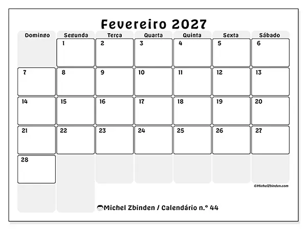 Calendário de fevereiro de 2027 para imprimir - Planeamento estruturado - Semana de domingo a sábado