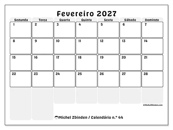 Calendário de fevereiro de 2027 para imprimir - Planeamento estruturado