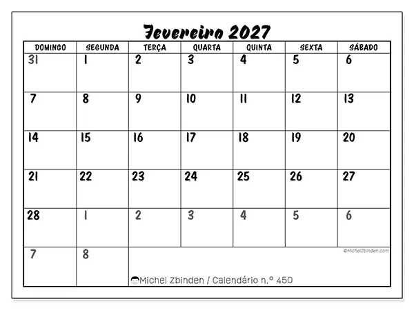 Calendário de fevereiro de 2027 para imprimir - Organização detalhada - Semana de domingo a sábado