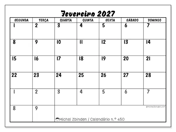 Calendário de fevereiro de 2027 para imprimir - Organização detalhada
