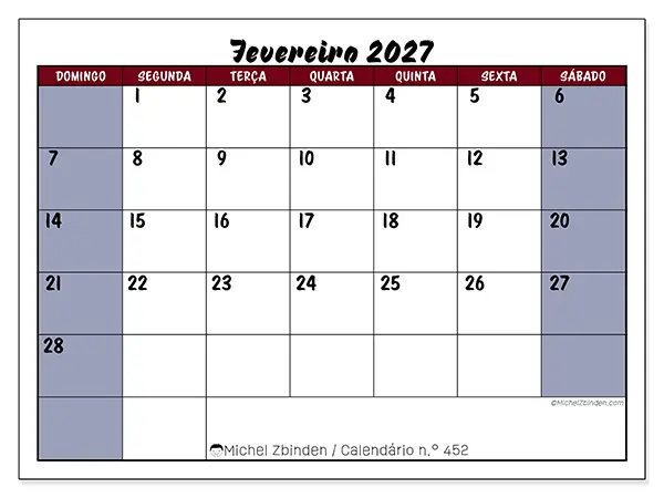 Calendário de fevereiro de 2027 para imprimir - Tarefas em cores - Semana de domingo a sábado