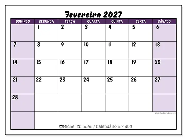 Calendário de fevereiro de 2027 para imprimir - Eficiência colorida - Semana de domingo a sábado