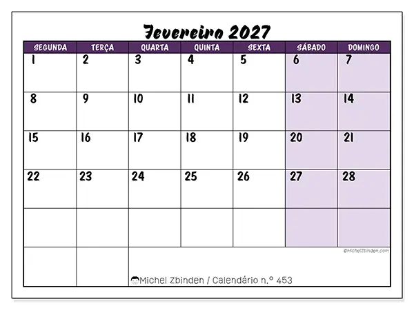 Calendário de fevereiro de 2027 para imprimir - Eficiência colorida