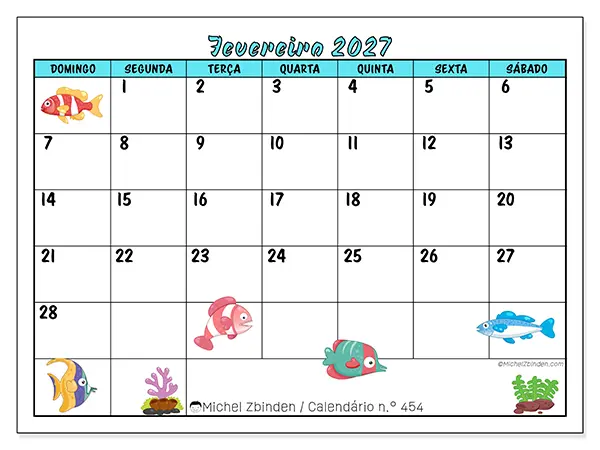 Calendário de fevereiro de 2027 para imprimir - Peixes coloridos - Semana de domingo a sábado