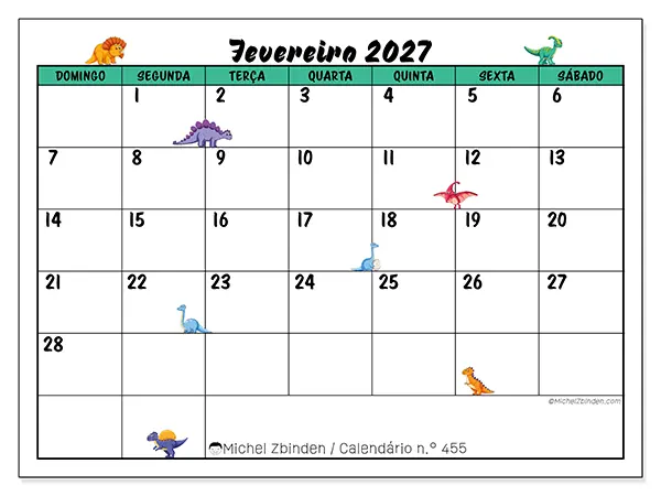 Calendário de fevereiro de 2027 para imprimir - Pequenos dinossauros - Semana de domingo a sábado
