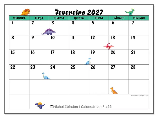 Calendário de fevereiro de 2027 para imprimir - Pequenos dinossauros