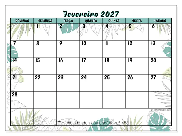 Calendário de fevereiro de 2027 para imprimir - Natureza e jardim - Semana de domingo a sábado