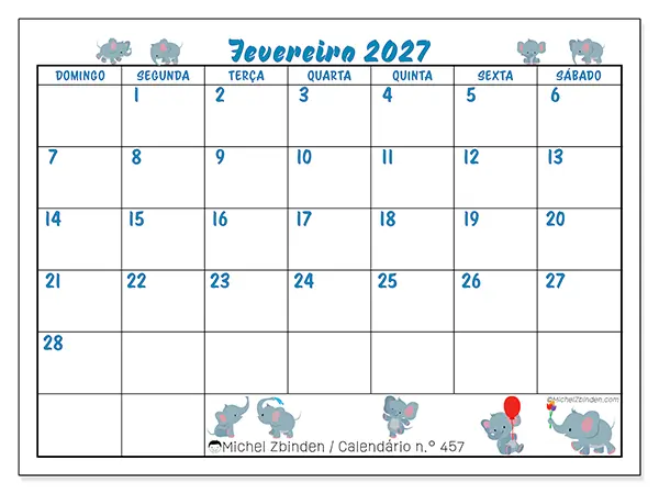 Calendário de fevereiro de 2027 para imprimir - Pequenos elefantes - Semana de domingo a sábado