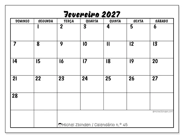 Calendário de fevereiro de 2027 para imprimir - Sucesso escolar - Semana de domingo a sábado