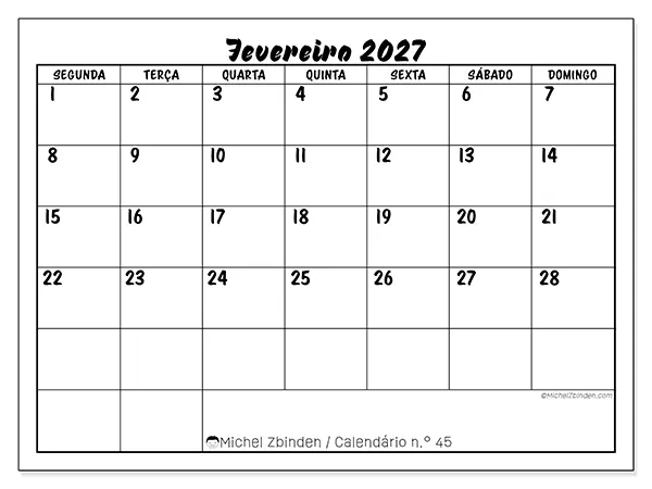 Calendário de fevereiro de 2027 para imprimir - Sucesso escolar