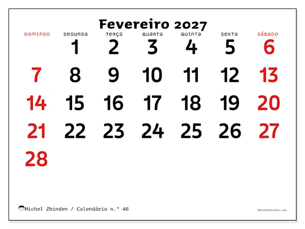 Calendário de fevereiro de 2027 para imprimir - Visão clara - Semana de domingo a sábado