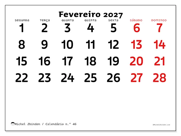 Calendário de fevereiro de 2027 para imprimir - Visão clara